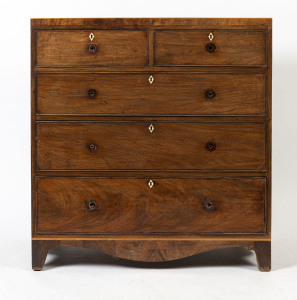 An Anglo-Indian Georgian chest of drawers, teak and pine with bone escutcheons, early 19th century, restorer's piece requiring repolishing and missing knobs, 118cm high, 112cm wide, 55cm deep