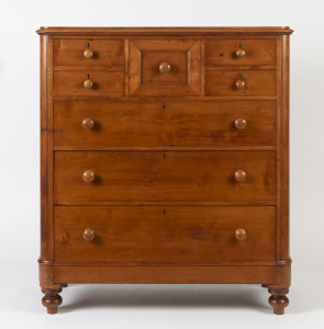 A huon pine seven drawer chest, South Australian origin, circa 1885, 131cm high, 117cm wide, 53cm deep