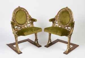 BRIGHTON THEATRE (Melbourne) Pair of vintage cast iron theatre folding seats by McLean Brothers & Rigg of Melbourne, later wooden bases, 88cm high, 55cm across the arms
