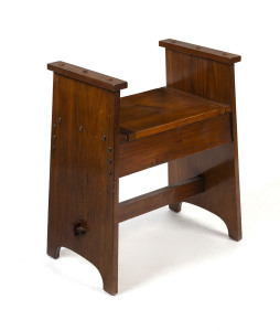 ROBERTSON & MOFFAT Australian Arts & Crafts blackwood piano seat, circa 1900, enamel maker's plaque under lid "Robertson & Moffat, Melbourne", 71cm high, 61cm wide, 39cm deep