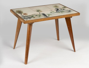 A.M. HACKETT Australian coffee table with tile top decorated with Aboriginal scene, circa 1950s, 