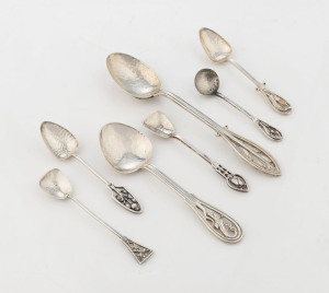 Six assorted Australian tea and coffee spoons, five marked "JAL" for LINTON of Perth, Western Australia, one not marked, ​the largest 14cm long, 78 grams total
