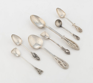 Six assorted Australian tea and coffee spoons, five marked "JAL" for LINTON of Perth, Western Australia, one not marked, the largest 14cm long, 78 grams total