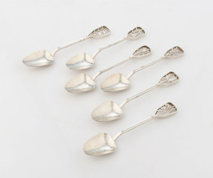 Set of six Australian silver teaspoons with wildflower motifs, stamped "H.M." flanking an anchor, ​10.5cm long, 57 grams total