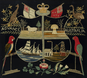 A stunning "ADVANCE AUSTRALIA" wool work coat of arms showing scenes of Australian industry including mining, shipping, wool and wheat surrounded by a kangaroo and emu, king parrot and rosella, crested with flags and a crown. The lower section displaying 