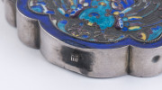 An antique Chinese silver and enamel pendant on silver dragon choker, Qing Dynasty, 19th century, ​the pendant 10cm high, 12cm wide, 1.5cm deep, the choker 21cm wide - 18