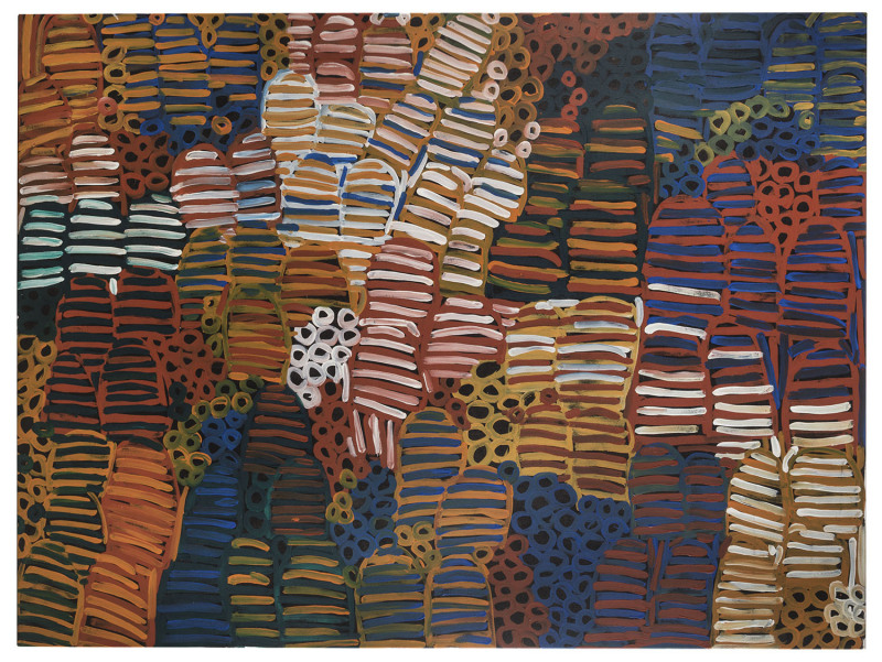 MINNIE PWERLE, (1922 - 2006, Utopia, Northern Territory, Australia). Bush Melon Seeds Dreaming, 2004, Catalogue code: AE3, RG2003, Acrylic on linen, 123 x 169cm With Certificate of Authenticity.