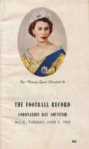 1953 "The Football Record, Coronation Day Souvenir, MCG, Tuesday, June 2, 1953", Lightning Premiership featuring all 12 teams, with attractive colour cover. Also NAZI WW2 period passport c1944 (Estonian). "Deutsches Reich Fremdenpass" & Rising Eagle with 