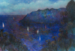 SU LESLEY FISHPOOL (b.1949) Bay of Indigo, pastels, signed lower right, Manyung Gallery label verso. 69 x 100cm.