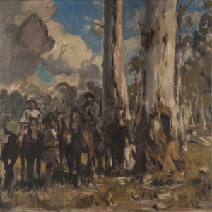 ARTIST UNKNOWN (Australian school), the gang on horseback, oil on canvas, 67 x 67cm.