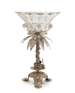 An impressive Colonial Australian silver centrepiece epergne with original glass bowl, base adorned with ram, grass tree and bull, embellished with fern fronds, most likely South Australian origin, 19th century, 38cm high, 23.5cm wide overall