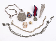 Oddments including medals, necklaces, Tasmanian silver bookmark, cameo and ivory elephant charm, (8 items), formerly the property of DAME MARY COOK. PROVENANCE: The Cook family, by descent.