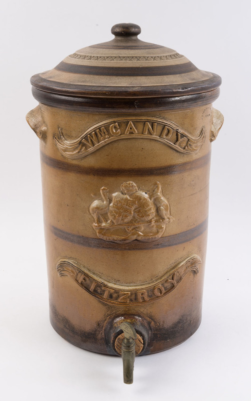 BENDIGO POTTERY water filter named to "Wm. CANDY, FITZROY", 19th century, oval factory mark, 48cm high