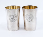 Two "MELBOURNE AMATUER REGATTA " silver plated trophy beakers engraved "1938, Maiden Eights, Banks R.C., C.T. Brady 6.", and "1937, Junior Eights, Richmond R.C., A.S. Williams 2.", 12cm high
