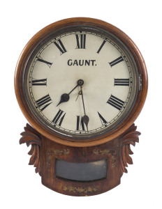 THOMAS GAUNT fusee wall clock with Roman numerals and brass inlaid case, dial marked "GAUNT", circa 1860s, 49cm high