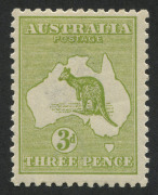 Kangaroos - Third Watermark : 3d Olive Green (Die II) fresh MLH. Cat.$600.