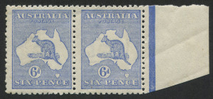 Kangaroos - Third Watermark : 6d Bright Blue Die II, horizontal pair with right margin, MUH, one unit with light gum bends.