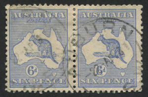 Kangaroos - Third Watermark : 6d Utramarine Die II horizontal pair (2) with Plate 1 varieties "White flaw off W.A. Coast" [R55] and ""White flaw obliterating Port Phillip Bay" [R56]. BW - $400++. These constant varieties are rarely seen and almost never a