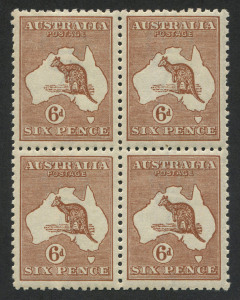 Kangaroos - Third Watermark : 6d Chestnut Die IIB, very well centred block (4), 3 MUH, 1 MVLH. Very fine & fresh.