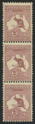 Kangaroos - CofA Watermark : 2/- Maroon Die II, vertical strip of 3 with varieties "White flaw in Gulf of Carpentaria retouched" [L39], "Flaw on S of AUSTRALIA" L45] and "No top to 2nd A of AUST.." [L51]. Very fresh MUH.