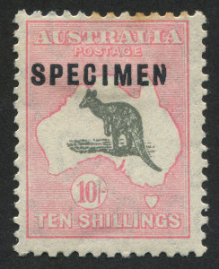 Kangaroos - CofA Watermark : 10/- Grey & Pink, overprinted SPECIMEN (Type C) with additional variety "battered N in overprint" (identified as Sub-type 6 at page 2/15 in BW); mounted Mint; 2 toned perfs at top. An extremely rare variant. BW: $850+++ (not priced with this variant). The only example we have offered.
