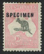 Kangaroos - CofA Watermark : 10/- Grey & Pink, overprinted SPECIMEN (Type C) with additional variety "battered N in overprint" (identified as Sub-type 6 at page 2/15 in BW); mounted Mint; 2 toned perfs at top. An extremely rare variant. BW: $850+++ (not p