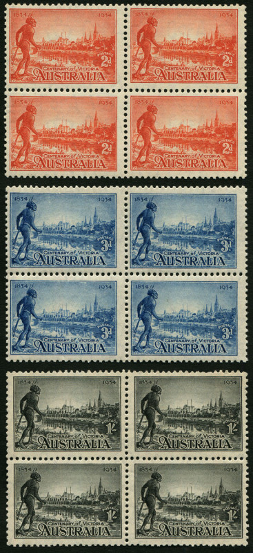 Other Pre-Decimals : 1934 (SG.147-49) Victorian Centenary set of 3 (perf.10½) in attractively centred blocks of 4, MUH. (12).