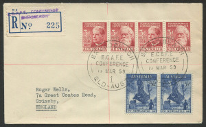 First Day & Commemorative Covers : E.C.A.F.E. CONFERENCE: 19 March 1959 registered cover from BROADBEACH to England; adhesives tied by special cds (last day of Conference) with preovisional blue R-label #225 (handstamped details) at left; Brisbane transit b/s.