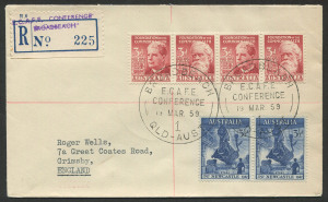 First Day & Commemorative Covers : E.C.A.F.E. CONFERENCE: 19 March 1959 registered cover from BROADBEACH to England; adhesives tied by special cds (last day of Conference) with preovisional blue R-label #225 (handstamped details) at left; Brisbane transit