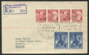 First Day & Commemorative Covers : E.C.A.F.E. CONFERENCE: 19 March 1959 registered cover from BROADBEACH to England; adhesives tied by special cds (last day of Conference) with preovisional blue R-label #225 (handstamped details) at left; Brisbane transit