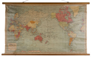 Two classroom vintage maps of Australia and the world, published by Robinson's and Chas H. Scally & Co., 20th century, the larger 88 x 118cm