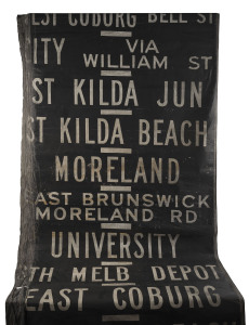 MELBOURNE TRAMWAYS DESTINATION ROLL: large section of roll with destinations including Flinders St, St Kilda Jctn, St Kilda Beach, University, Sth Melb Depot, East Coburg, Sth Melb Beach, Nth Fitzroy/Barkly St, City, Albert Park Beach, City/Nolan St/Arts 