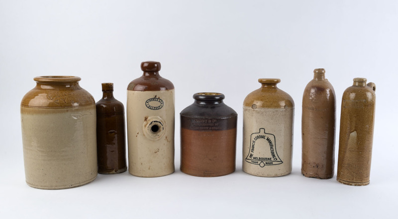 Seven assorted stone ware vessels including "F. RICH & Co. SYDNEY", and "TADDY & Co. LONDON" by Doulton Lambeth, 19th century, ​the Sydney jar 28cm high