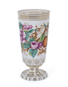 Bohemian overlay glass vase with hand-painted bird and fruit motif, circa 1860, 18cm high