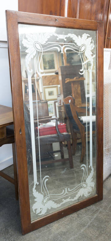 An antique acid etched shop mirror in Australian cedar frame, 19th century, ​144 x 73cm overall