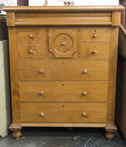 A Tasmanian huon pine eight drawer chest, 19th century, restorer's piece, has been stripped and polished, handles replaced and missing columns, 142cm high,115cm wide, 51cm deep