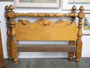 A Colonial bed, solid huon pine and blackwood, Tasmanian origin, circa 1840s, with slats and rails, 149cm high, 127cm wide, 217cm long