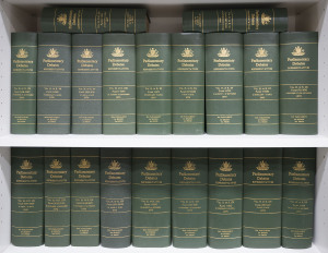 HANSARD: February 1976 - May 1980 complete run of "Hansard" Parliamentary Debates in the House of Representatives, uniformly bound in green cloth with gilt titles to the 20 volumes. Malcolm Fraser was Prime Minister; Gough Whitlam and Bill Hayden were l