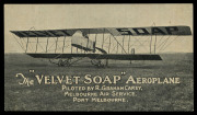 Aerophilately & Flight Covers : Aug.1920 (AAMC.47c) "Velvet Soap" advertising postcard dropped over Melbourne by R. Graham Carey in his Maurice Farman Shorthorn biplane, as depicted on the card. The reverse of the card shows Carey in the cockpit and an ae - 3