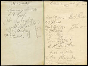 1936 QUEENSLAND v ENGLAND, autograph pages (2) with pencil signatures of Queensland (12) including Fred Gilbert, Harry Robison, Pat McMahon & Les Heidke; and England (18) including Jim Brough (captain), H.Woods, Tommy Armitt, H.Jones & H.Beverley. (Queens