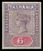 TASMANIA : ESSAYS: 1892-99 Tablets De La Rue imperforate 6d 'IMPERIUM' essay in carmine & violet with 'TASMANIA' and corner ornaments hand-painted in China white, with informatively write-up. Superb. - 2