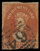 TASMANIA : TASMANIA: 1856-57 (SG.24) No Wmk Pelure Paper 1d deep-red brown, margins just shaving (at base) to very good, BN '64' cancel of Hobart, Cat £750. Lovely rich colour. - 2