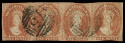 TASMANIA : TASMANIA: 1857-67 (SG.27) 1d brick-red strip of 4, margins shaved/cut-into slightly in places, the fourth unit with impressive "Pre-printing paper fold", the first unit with vertical marginal watermark lines, BN '75' cancels of Hobart. - 3