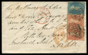 TASMANIA - Postal History : TASMANIA - Postal History: 1858 (Oct.18) cover to London endorsed "Via Melbourne & Aden" with Numeral Wmk imperf 1d brick-red pair (margins largely complete) & 4d blue cancelled by BN '62' obliterator of Hobart and partially ti - 3