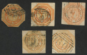 TASMANIA : TASMANIA: 1853 (between SG.5-12) 4d Couriers (6) comprising Plate I First State (incomplete margins), Plate I Second State (2, one cut-to shape, the other creased & thinned) and Plate II (3, two with clear BN '59' or BN '60' cancels of Launcest - 4