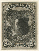 TASMANIA : TASMANIA: ESSAYS: 1899-1900 Pictorials 2&frac12;d Tasman Arch photographic essay in black, mounted on card (89x114mm) endorsed "Sept 1st 99." at upper-right & "Dupl." at lower-left and marked "A" at upper-left. Ex De La Rue Archives. - 4