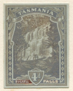 TASMANIA : ESSAYS: 1899-1900 4d Russell Falls photographic essay in sepia, mounted on card (89x114mm) endorsed "May 24th 99." at upper-right & "Dupl." at lower-left.  Ex De La Rue Archives.[The original pen and ink drawing was damaged and the subsequent r - 4