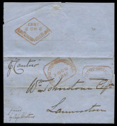 TASMANIA - Postal History : 1857 (Sept.19) inwards entire to Launceston from Mauritius endorsed "p Cantero" & "favod(favoured)/by Capn Walters" with 'SHIP-LETTER INWARDS FREE/31OC/1857' boxed handstamp overstamped '2NO/1857 to correct the date, plus anoth - 3
