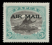 PAPUA : PAPUA: 1929-30 (SG.114) Overprinted 'AIR MAIL' 3d black & blue-green with "ALBINO" overprint, overprint impression clearly visible on reverse, expertising handstamp and a normal stamp for comparison, MUH, Cat. &pound;8,000 (as a missing overprint in pai - 4