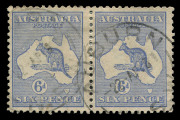 Kangaroos - Third Watermark : 6d Utramarine Die II horizontal pair (2) with Plate 1 varieties "White flaw off W.A. Coast" [R55] and ""White flaw obliterating Port Phillip Bay" [R56]. BW - $400++. These constant varieties are rarely seen and almost never a - 2